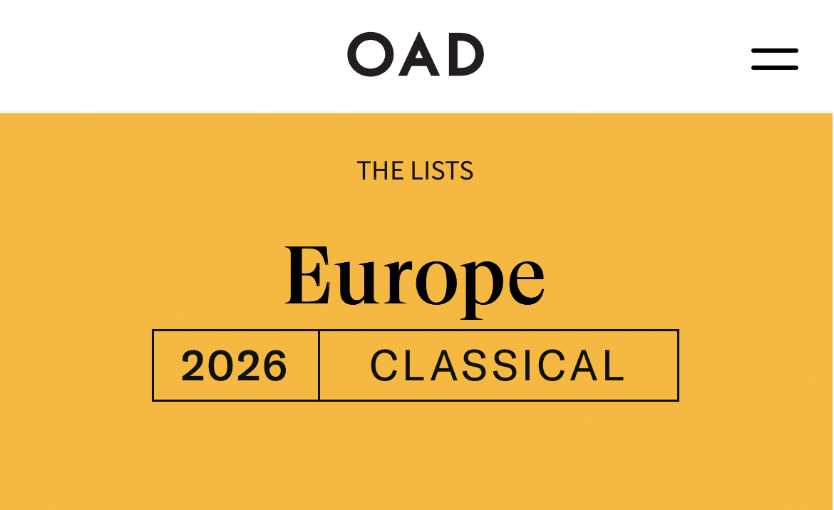 Imagen oficial de la lista OAD Europa 2026 clásicos. La categoría en la que Areia ha sido reconocido